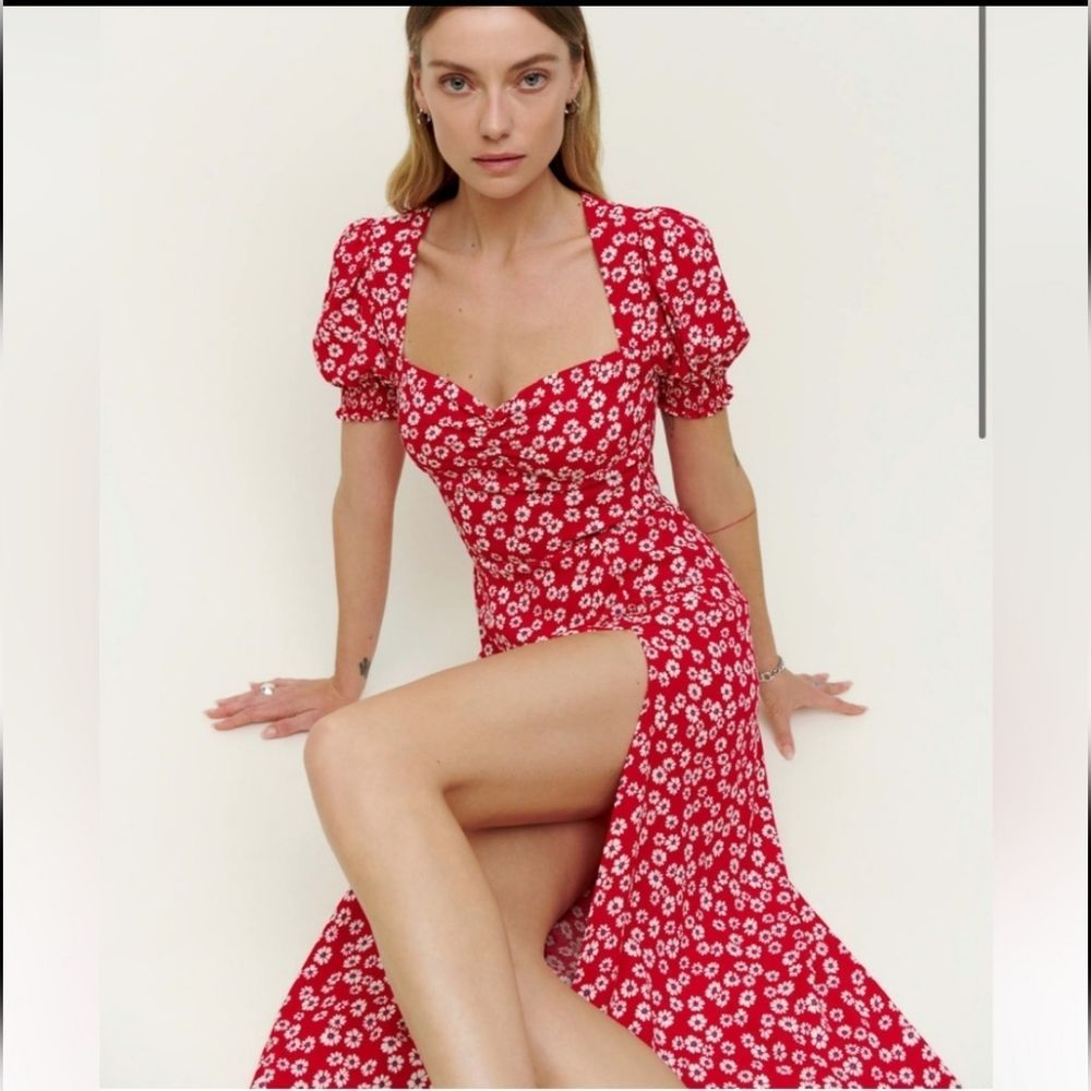 Reformation Jenna Lacey Midi Dress Red Floral Short Sleeve Sweetheart Neck 8